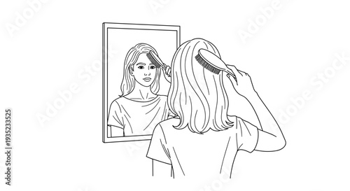 Woman Styling Hair in Front of Mirror.