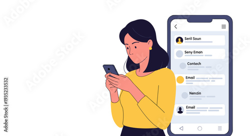 Woman Using Smartphone with Social Media Interface.