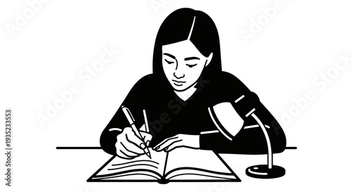 Woman Writing in Notebook with Pen.