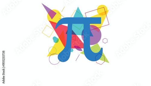 A colorful illustration of the pi symbol surrounded by geometric shapes in vibrant hues for International Day of Mathematics