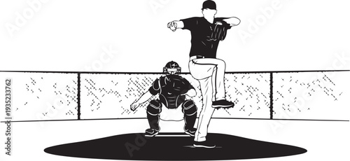 Baseball player pitching with catcher in background ready
