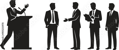 Business people silhouettes set with speaker at podium, meeting discussion and professional corporate communication illustration collection
