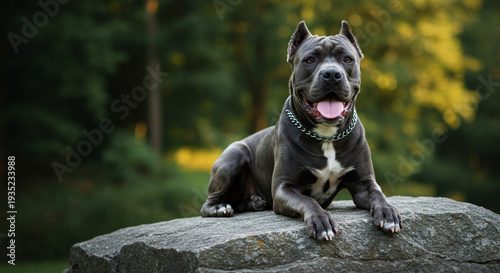 Relaxing Cane Corso Dog Lying on a Rock in the Park