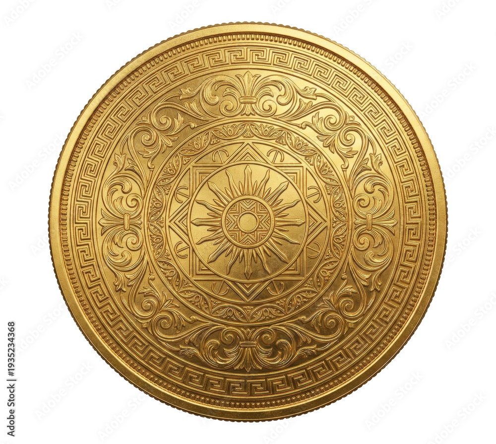 Fototapeta premium Ornate gold sun medallion with greek key pattern