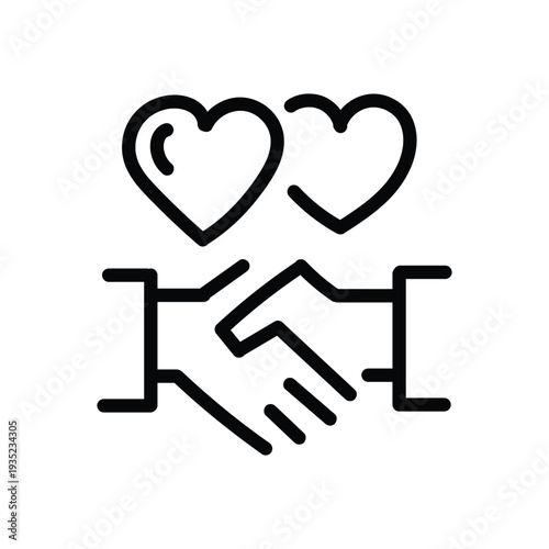 Handshake friendly agreement partnership deal corporate trust contract thin outline icon. Minimalist line sign two hands shaking each other and heart symbol. Vector isolated pictogram for web and app.