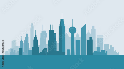 A modern city skyline with sleek skyscrapers and urban architecture in a vibrant metropolis at sunset