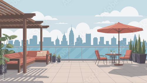 A serene rooftop patio with a stunning city skyline view and modern outdoor furniture