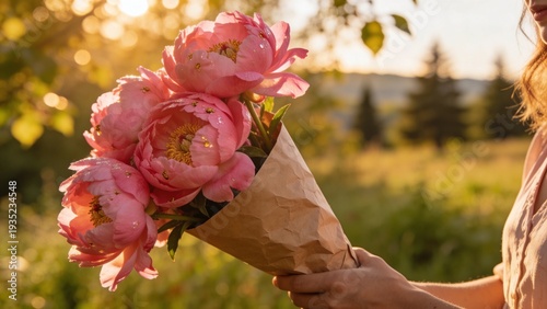 Woman holding bouquet of pink peonies in sunny outdoor setting  