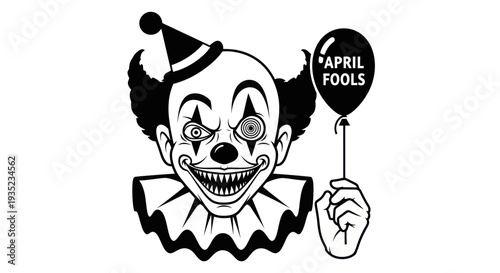 Creepy Clown with April Fools Balloon - Black and White Vector Art