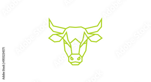 Geometric bull head icon, minimalist line art, green outline on white background