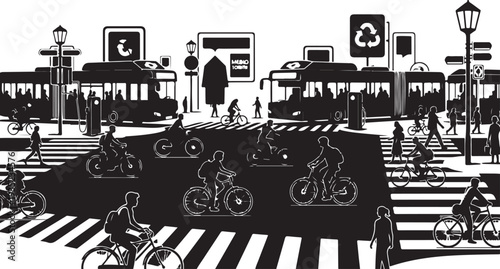 City street scene with cyclists and pedestrians crossing road