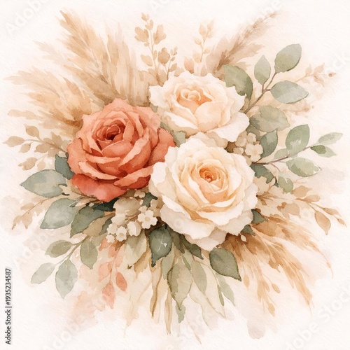 Bohemian Watercolor Wedding Bouquet with Terracotta Roses and Pampas Grass