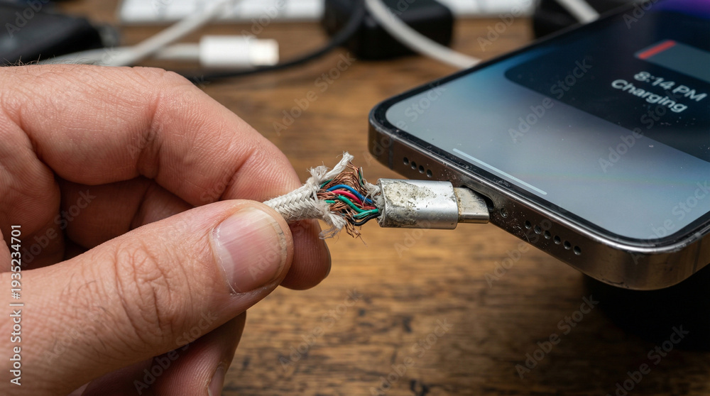 Fototapeta premium Broken Phone Charger: A close-up shot of a frayed and damaged phone charger cable, highlighting the consequences of wear and tear, and the importance of device maintenance.
