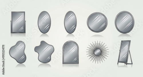 Collection of Various Decorative Mirrors Displayed on a Light Gray Background.