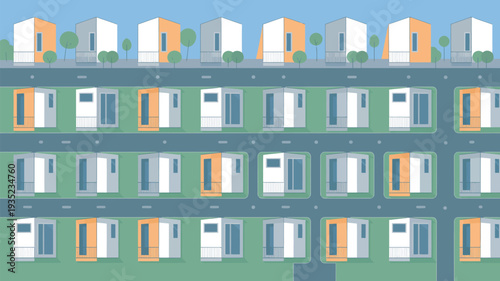 An illustration of a suburban neighborhood with rows of identical houses and green lawns under a clear blue sky