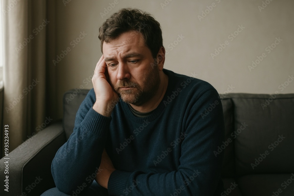 Fototapeta premium Pensive man sitting on couch.