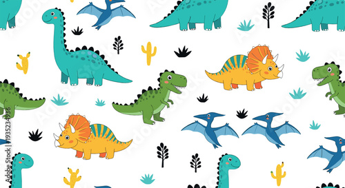 Cute Dinosaur Seamless Pattern with T Rex, Triceratops and Pterodactyl Cartoon Vector Illustration