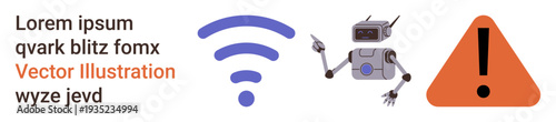 Communication, technology, automation, cybersecurity, connectivity, caution. wireless symbol, robotic figure warning sign. Communication and technology with icons of wireless and a robot
