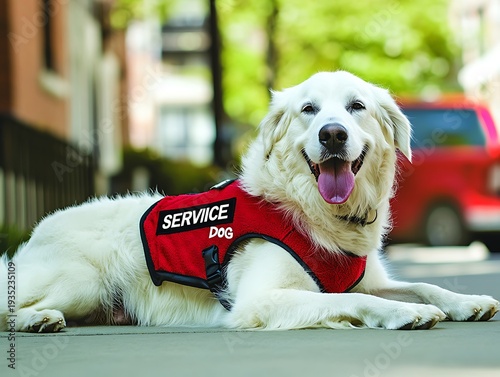 White Service Dog Wearing Red Vest Resting on City Sidewalk