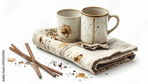 Two rustic ceramic coffee mugs with coffee stains resting on a folded stained linen napkin and cinnamon sticks isolated on a clean white background for versatile culinary or beverage design use