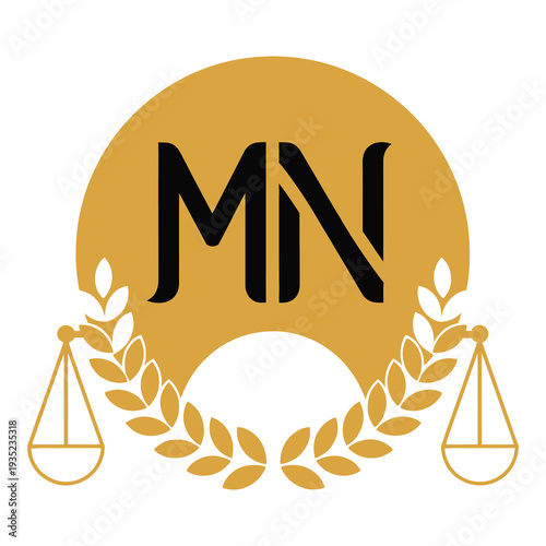 Golden logo with scales and laurels and MN text on white background icon