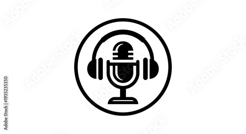 A simple black and white icon of a microphone with headphones
