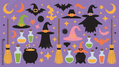 A vibrant illustration of Halloween symbols and objects on a purple background