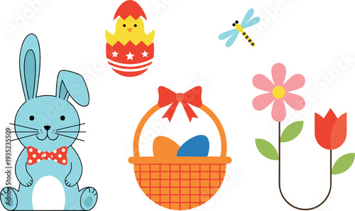 Cute Easter Bunny with Basket, Egg, Spring Flowers and Dragonfly Cartoon Vector Illustration Set