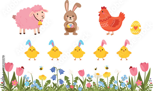 Cute Easter Farm Scene Collection with Bunny Chick Lamb Hen Flowers and Spring Cartoon Vector Illustration Set