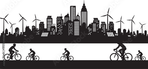 Eco-friendly cityscape with cyclists and renewable energy sources