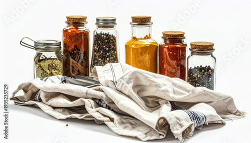 Variety of spice jars filled with colorful ground and whole spices arranged in a row behind a folded kitchen towel isolated on a clean white background 