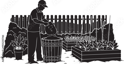 Man gardening in backyard with raised beds and fence
