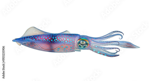 Isolated bioluminescent squid with blue and pink spots, marine creature, ocean invertebrate