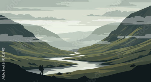 An illustration features a hiker with a backpack walking through a valley landscape with a winding river, mountains, and cloudy sky in muted green and gray tones.