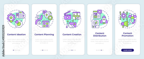 Content development cycle onboarding mobile app screen. Walkthrough 5 steps editable graphic instructions with linear concepts. UI, UX, GUI. Montserrat SemiBold, Regular fonts used