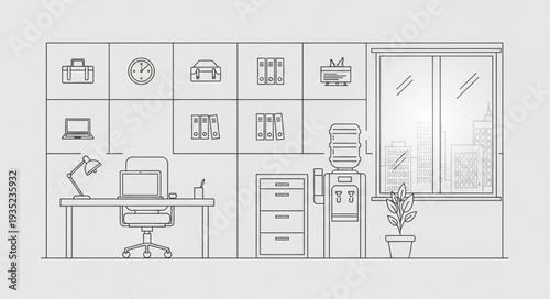 Modern Office Interior Design Sketch with Furniture and Window.