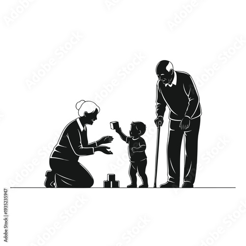 Elderly couple playing with happy little child, blocks, indoors