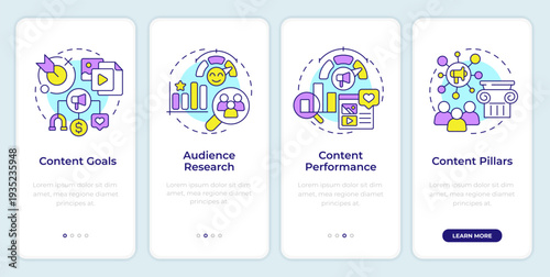 Content planning framework onboarding mobile app screen. Walkthrough 4 steps editable graphic instructions with linear concepts. UI, UX, GUI. Montserrat SemiBold, Regular fonts used