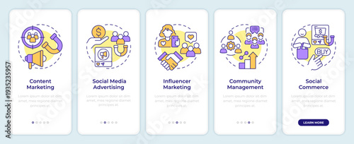 Content outreach channels onboarding mobile app screen. Walkthrough 5 steps editable graphic instructions with linear concepts. UI, UX, GUI. Montserrat SemiBold, Regular fonts used