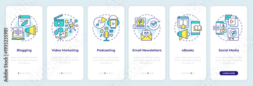 Marketing content formats onboarding mobile app screen. Walkthrough 6 steps editable graphic instructions with linear concepts. UI, UX, GUI. Montserrat SemiBold, Regular fonts used