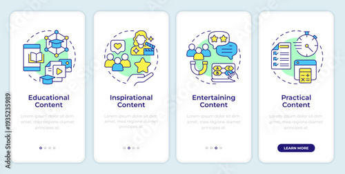 Goal based content types onboarding mobile app screen. Lead generation. Walkthrough 4 steps editable graphic instructions with linear concepts. UI, UX, GUI. Montserrat SemiBold, Regular fonts used