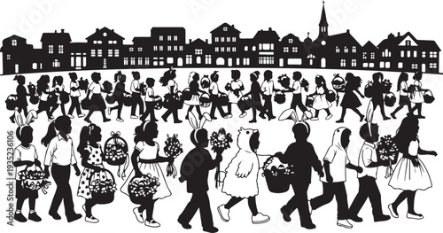 Black and white illustration of people walking in town