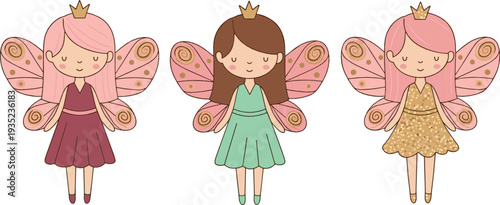 Cute Fairy Princess Characters Collection with Wings Crown Dresses and Magical Cartoon Vector Illustration Set