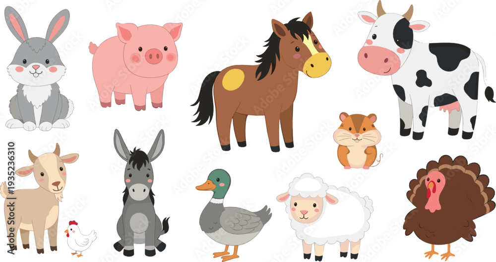 Fototapeta premium Cute Farm Animals Collection with Cow Pig Horse Sheep Donkey Chicken Turkey Duck and Rabbit Cartoon Vector Illustration Set