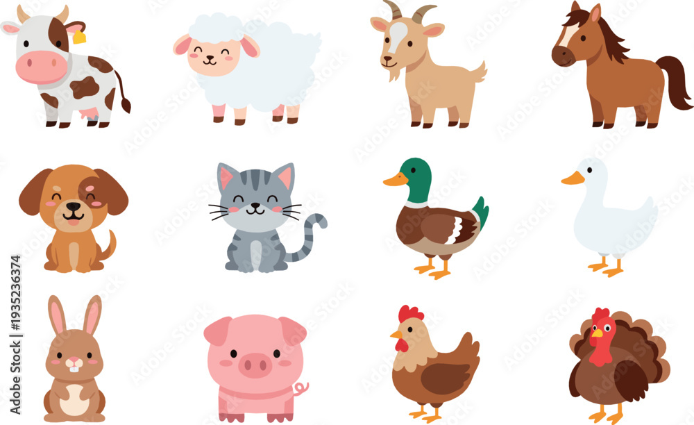 Naklejka premium Cute Farm Animals Collection with Cow Sheep Goat Horse Duck Chicken and Cartoon Barnyard Vector Illustration Set