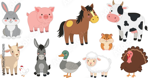 Cute Farm Animals Collection with Cow Pig Horse Sheep Donkey Chicken Turkey Duck and Rabbit Cartoon Vector Illustration Set