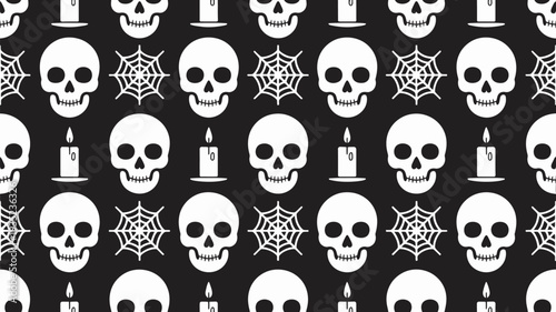 A spooky Halloween pattern featuring white skulls, spider webs, and candles on a black background.
