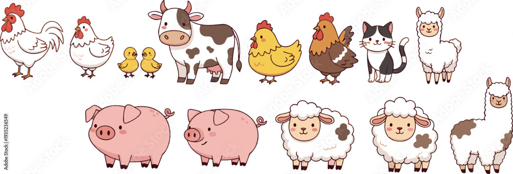 Fototapeta premium Cute Farm Animals Collection with Cow Pig Sheep Chicken Llama and Cartoon Barnyard Vector Illustration Set