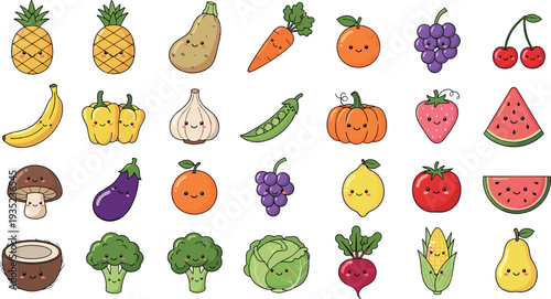 Cute Fruits and Vegetables Collection with Banana Pumpkin Grapes Broccoli Corn and Kawaii Cartoon Food Vector Illustration Set