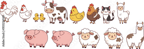 Cute Farm Animals Collection with Cow Pig Sheep Chicken Llama and Cartoon Barnyard Vector Illustration Set